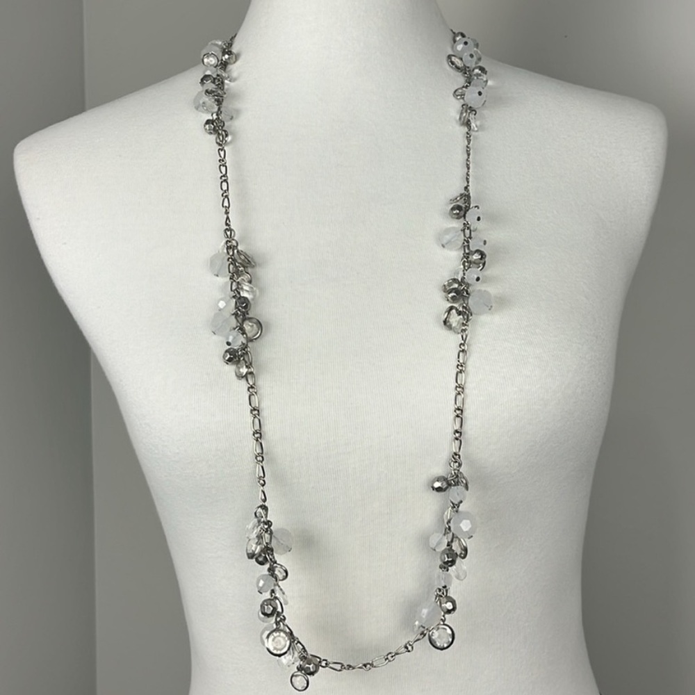 Gray Clear Silver Tone Chain Beaded Long Length Pull Over Necklace Neutral OS